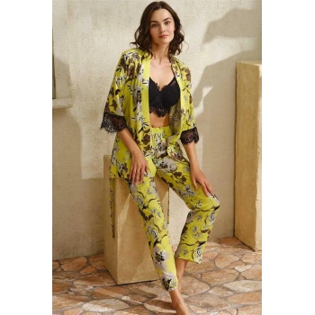 VipMarketim Dokuma Viskon Çiçek Baskılı Dantelli Sabahlık Balenli Desteksiz Dolgusuz Büstiyer Sütyen Ve Pantolon Pijama 3Lü Takım