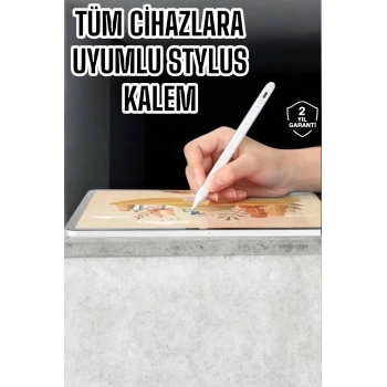 VipMarketim Dokunmatik Kalem Beyaz Şarjlı Yedek Uçlu Android ve İOS Uyumlu