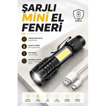 VipMarketim El Feneri Led USB Şarjlı Zoom Mini Led Işık Acil Durum Feneri
