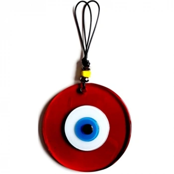 VipMarketim El Yapımı Vişne Kırmızısı Şeffaf Cam Nazarlık Deri İpli Duvar Süsü