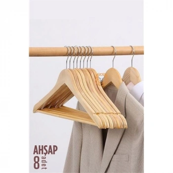 VipMarketim Elbise Askısı Natural Ahşap 8 ADET