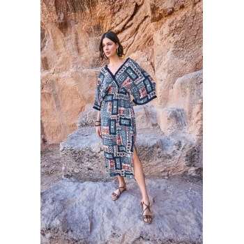 Vipmarketim Etnik Desenli Kısa Kollu Yırtmaçlı Elbise