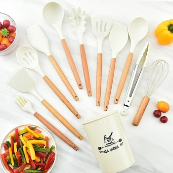 VipMarketim Ezere 11 Parça Silikon Uçlu Ahşap Saplı Mutfak Seti Ve Saklama Kutusu-(5775)