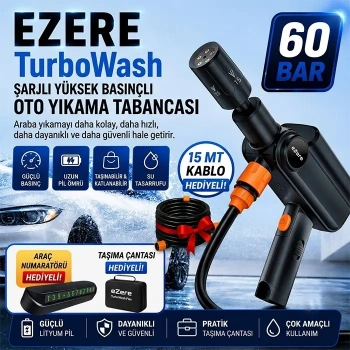 VipMarketim EZERE TurboWash Şarjlı 60 Bar Yüksek Basınçlı Oto Araba Bahçe Yıkama ve Temizleme Tabancası Makinesi-(5775)