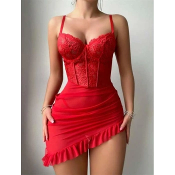 VipMarketim  Fırfırlı Dantel İşlemeli Tül Fantezi Kırmızı Gecelik