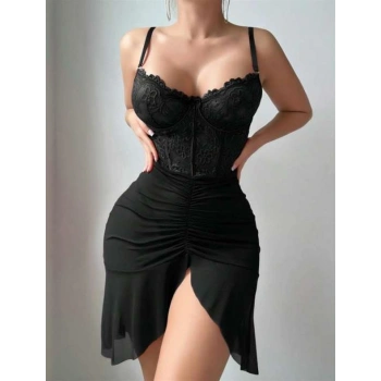 VipMarketim  Fırfırlı Dantel İşlemeli Tül Fantezi Siyah Gecelik