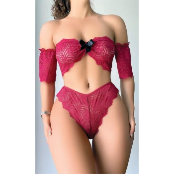VipMarketim  Fiyonk Detaylı Kırmızı Dantel Sütyen Külot Takım