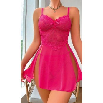 VipMarketim  Fuşya Dantel İşlemeli Transparan Fantezi Tül Gecelik