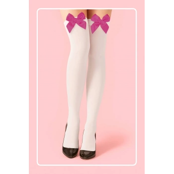 VipMarketim Fuşya Fiyonklu Beyaz Jartiyer Çorabı TM1379