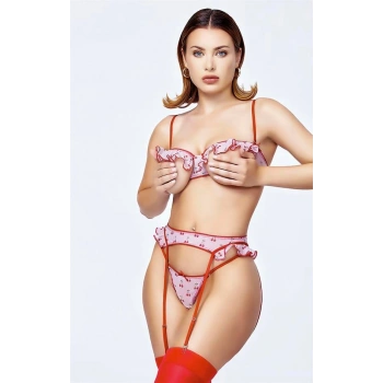 VipMarketim  Göğüs Bölgesi Açık Kiraz Desenli Fantezi Jartiyer Takım