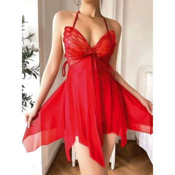 VipMarketim Göğüs Kelebek Detaylı Fantezi Tül Kırmızı Gecelik