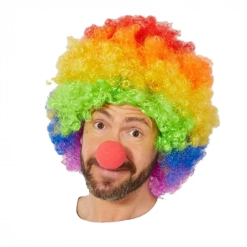 VipMarketim Gökkuşağı Afro Peruk ve Kırmızı Sünger Burun