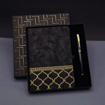 VipMarketim Gold Desen Siyah Deri Defter Kalem Set