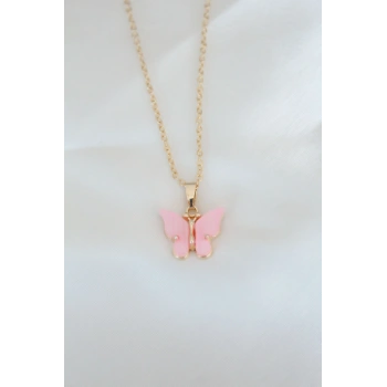 VipMarketim Gold Kaplama Pembe Sedefli Kelebek Kolye 5886