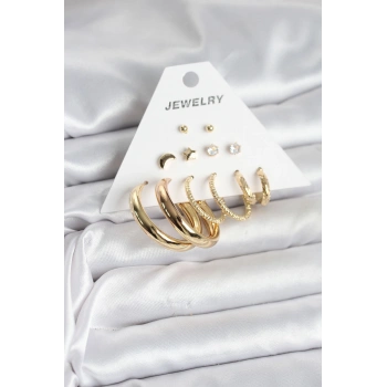 VipMarketim Gold Renk 6 Çiftli Pirinç Kadın Küpe Seti 5886