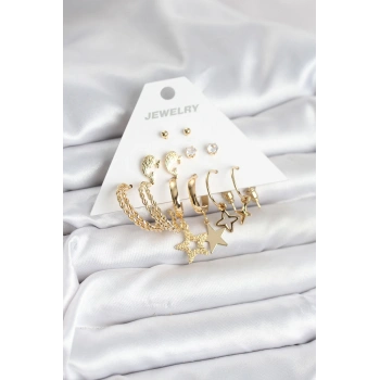 VipMarketim Gold Renk Yıldızlı Set 6 Çift Kadın Küpe Seti 5886