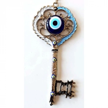 VipMarketim Gümüş Kaplama Nazar Boncuklu Beyaz Ve Mavi Nostaljik Anahtar Şekilli Duvar Süsü