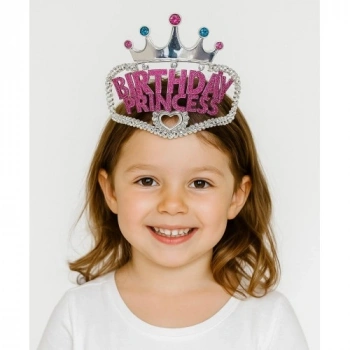 VipMarketim Gümüş Renk Taç Üzeri Pembe Birthday Prenses Yazılı Çocuk Parti Tacı