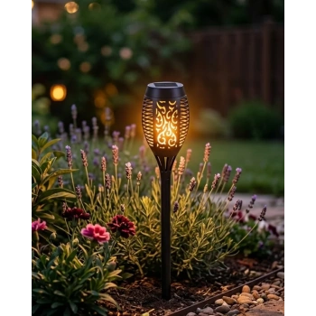 VipMarketim Güneş Enerjili Alev Görünümlü Bahçe Lambası Sensörlü LED Dış Mekan Dekoratif Aydınlatma