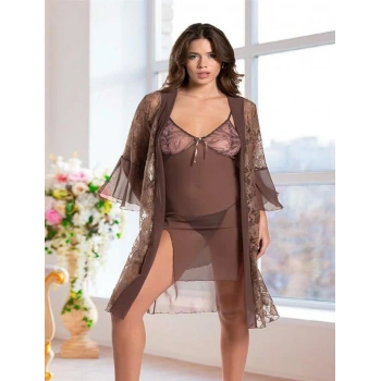 VipMarketim  Haki Transparan Dantel İşlemeli Tül Yırtmaçlı 2li Gecelik Takımı