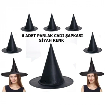 VipMarketim Halloween Siyah Renk Parlak Dralon Cadı Şapkası Yetişkin ve Çocuk Uyumlu 6 Adet