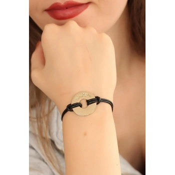 VipMarketim HAPPY (Mutlu) Siyah Deri İpli Unisex Mood Bileklik 5886