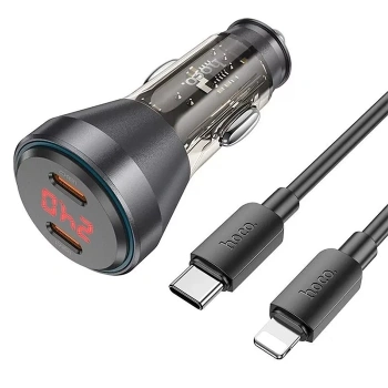 VipMarketim HOCO NZ12C Graceful PD60W 2 Type-C Girişli Araç Çakmaklı Hızlı Şarj Aleti + Type-C to iPhone Kablo-(5775)