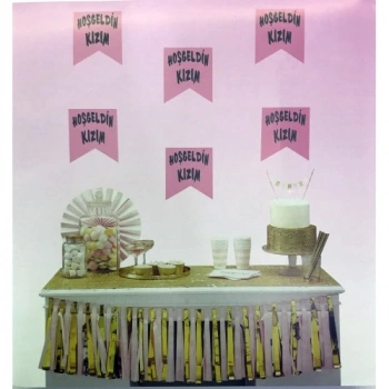 VipMarketim Hoşgeldin Kızım Yazılı Flama Süs Pembe Üzeri Gümüş Renk