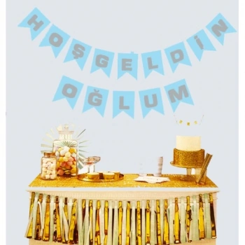 VipMarketim Hoşgeldin Oğlum Yazılı Mavi Doğum Süsü Flama 2.2 Metre