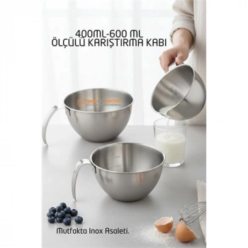 VipMarketim Inox Çelik Profesyonel Ölçülü Karıştırma Kabı Seti -400-600 ml Sos & Hazırlık Şefi Serisi