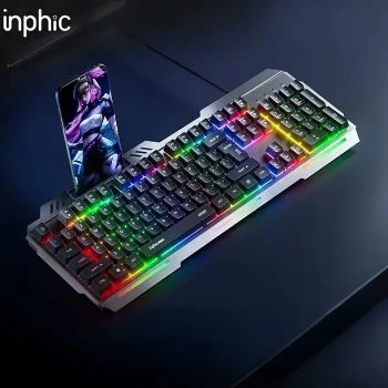 VipMarketim Inphic K2 USB Kablolu Oyun Klavyesi 104-Key Sessiz Oyun Klavyesi Bilgisayar Laptop için Cep telefonu yerleştirme alanı-(5775)
