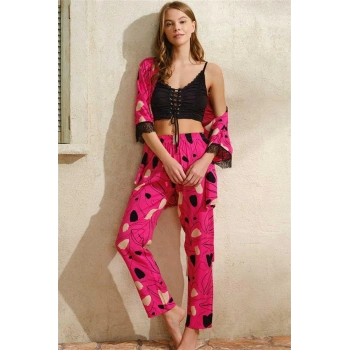 Vipmarketim İp Askılı V Yaka Çiçek Desenli Yazlık Uzun İp Detaylı Pijama Altı Sabahlık Takımı