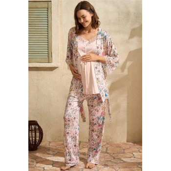VipMarketim İp Askılı V Yaka Kadın Çiçek Desenli Yazlık Dantel Detaylı Hamile Pijama Takımı Sabahlık Anıl (Kod:5773)
