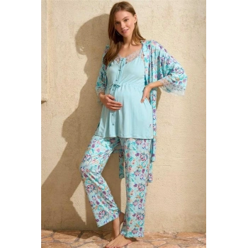 VipMarketim İp Askılı V Yaka Kadın Çiçek Desenli Yazlık Dantel Detaylı Hamile Pijama Takımı Sabahlık Anıl (Kod:5775)