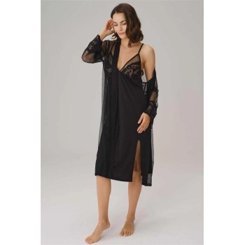 VipMarketim İp Askılı V Yaka Kadın Düz Yazlık Uzun Dantel Detaylı Elbise Sabahlık Anıl (Kod:5781)