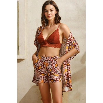 VipMarketim İp Askılı V Yaka Kadın Pamuklu Geometrik Yazlık Mini Dantel Detaylı Şort Sabahlık Anıl 5759