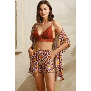 VipMarketim İp Askılı V Yaka Kadın Pamuklu Geometrik Yazlık Mini Dantel Detaylı Şort Sabahlık Anıl (Kod:5759)