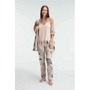 Vipmarketim İp Askılı V Yaka Viskon Çiçek Desenli Yazlık Dantel Detaylı Pijama Sabahlık Takımı