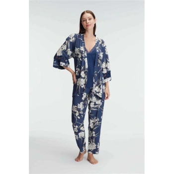 Vipmarketim İp Askılı V Yaka Viskon Çiçek Desenli Yazlık Dantel Detaylı Pijama Sabahlık Takımı