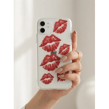 VipMarketim iPhone 11 Kırmızı Dudak / Öpücük Desenli Şeffaf Telefon Kılıfı