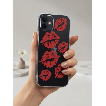 VipMarketim iPhone 12 Kırmızı Dudak / Öpücük Desenli Şeffaf Telefon Kılıfı