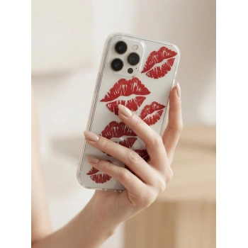 VipMarketim iPhone 13 Pro Max Kırmızı Dudak / Öpücük Desenli Şeffaf Telefon Kılıfı