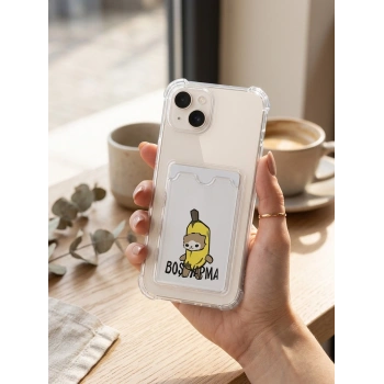 VipMarketim iPhone 14 Boş Yapma Muz Detaylı Kart Bölmeli Şeffaf Telefon Kılıfı