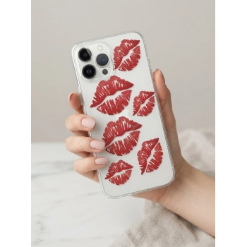 VipMarketim iPhone 14 Pro Max Kırmızı Dudak / Öpücük Desenli Şeffaf Telefon Kılıfı