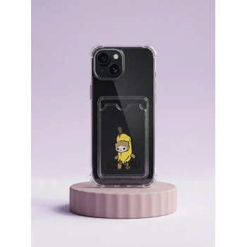 VipMarketim iPhone 15 Boş Yapma Muz Detaylı Kart Bölmeli Şeffaf Telefon Kılıfı