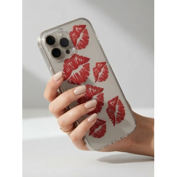 VipMarketim iPhone 15 Pro Max Kırmızı Dudak / Öpücük Desenli Şeffaf Telefon Kılıfı