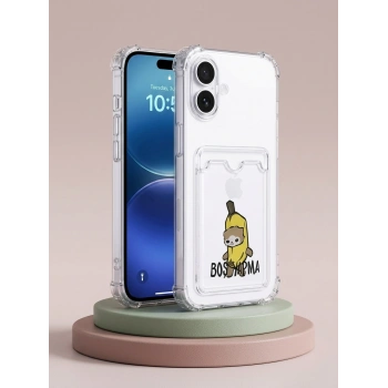 VipMarketim iPhone 16 Boş Yapma Muz Detaylı Kart Bölmeli Şeffaf Telefon Kılıfı