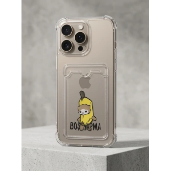 VipMarketim iPhone 16 Pro Max Boş Yapma Muz Detaylı Kart Bölmeli Şeffaf Telefon Kılıfı