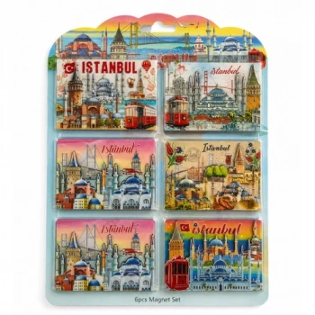 VipMarketim İstanbul Temalı Ahşap Buzdolapı Süsü Magnet 6Lı Set