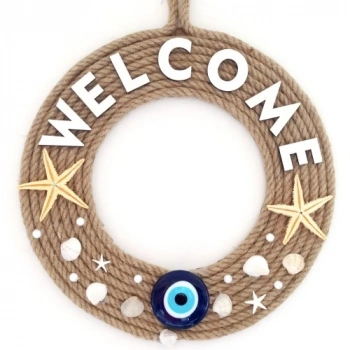 VipMarketim Jüt İpten Deniz Yıldızlı Nazar Boncuklu İncili Deniz Yıldızlı Welcome Yazılı Kapı Süsü